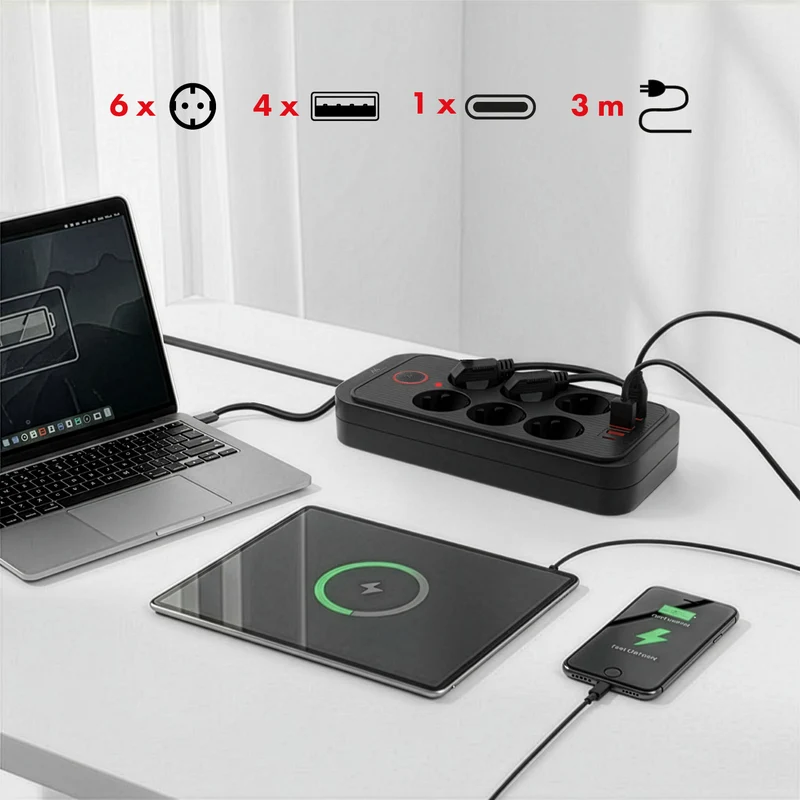 Maclean power strip, 6 socket extension + 4xUSB, 110-240V AC 50/60Hz, 2.1A max 2500W, 3m, black, MCE391 B