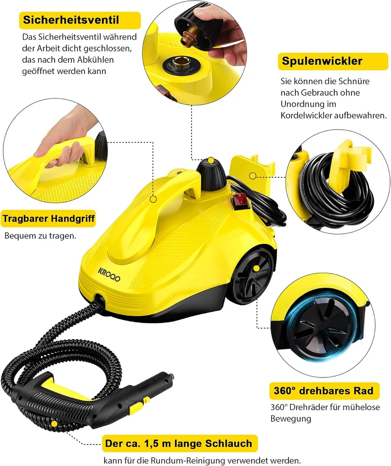 HandDampfreiniger, Dampfreiniger mit 23 Zubehörteilen,Steam Cleaner und einem 5 Meter langen Netzkab