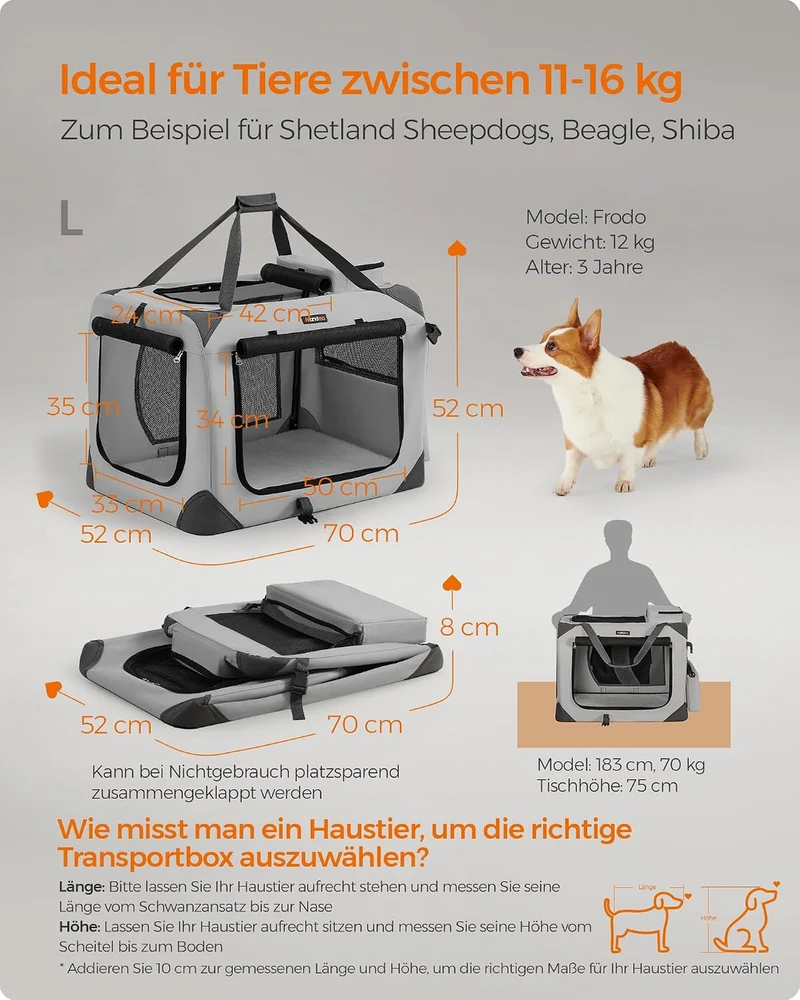 Feandrea Hundebox faltbar, Transportbox Hund, L, Hundetasche, Oxford-Gewebe, Netzstoff, atmungsaktiv