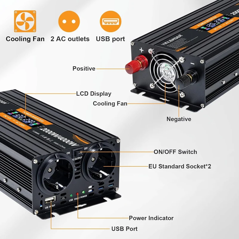 Yinleader Wechselrichter 12V 230V 2000W Spannungswandler mit LCD Display DC 12V auf 230V AC Spitzenl