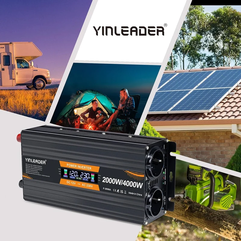Yinleader Wechselrichter 12V 230V 2000W Spannungswandler mit LCD Display DC 12V auf 230V AC Spitzenl