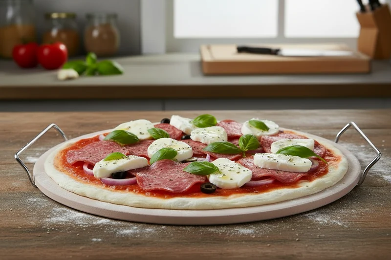Cookinglife Pizzastein mit Halter Fire & Flavour ø 33 cm - Hitzebeständiger Stein - BBQ und Ofen Gebrauch