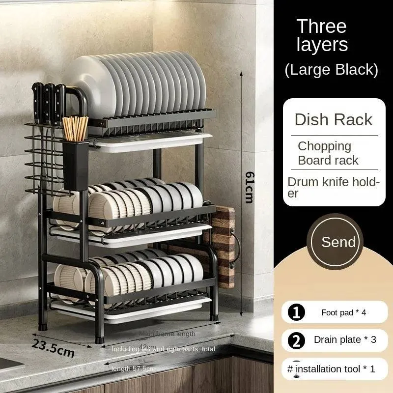 3 Layer Carbon Steel Kitchen Plate Rack & Dish Drying Organizer
