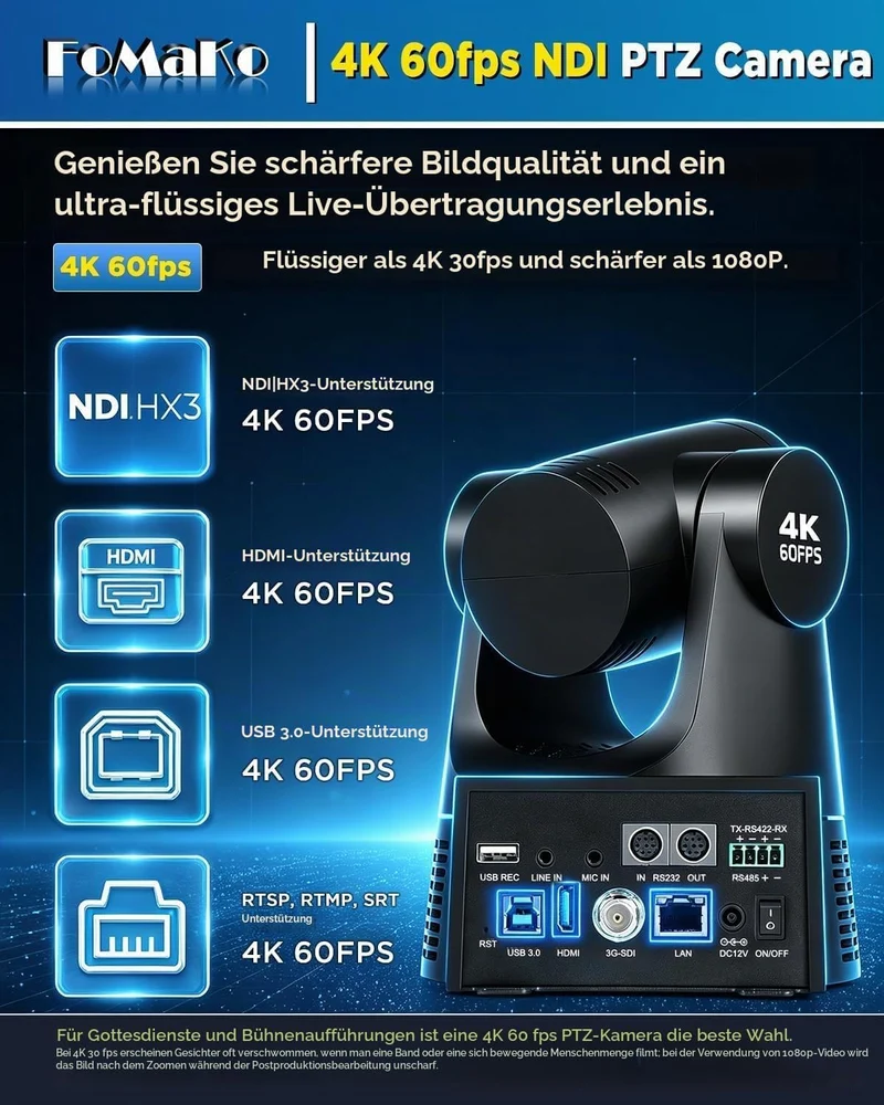 FoMaKo PTZ Kamera 4K 60FPS NDI HX3, 20x Optischer Zoom, Gen 3 KI Auto-Tracking, 3G-SDI/HDMI/NDI/USB/