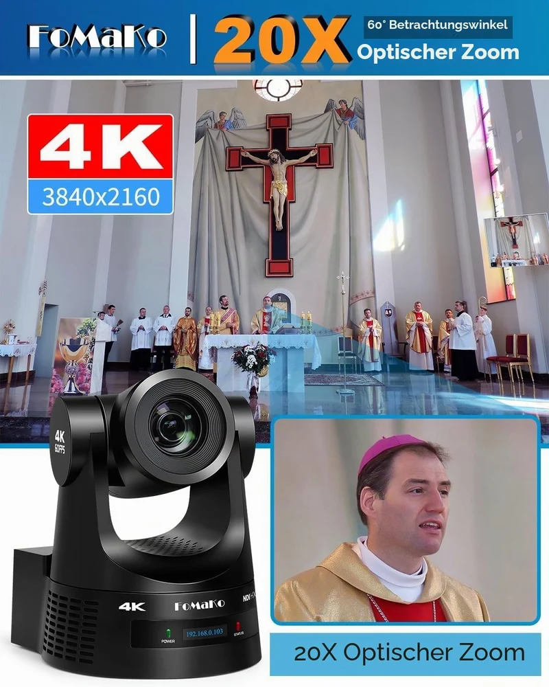 FoMaKo PTZ Kamera 4K 60FPS NDI HX3, 20x Optischer Zoom, Gen 3 KI Auto-Tracking, 3G-SDI/HDMI/NDI/USB/