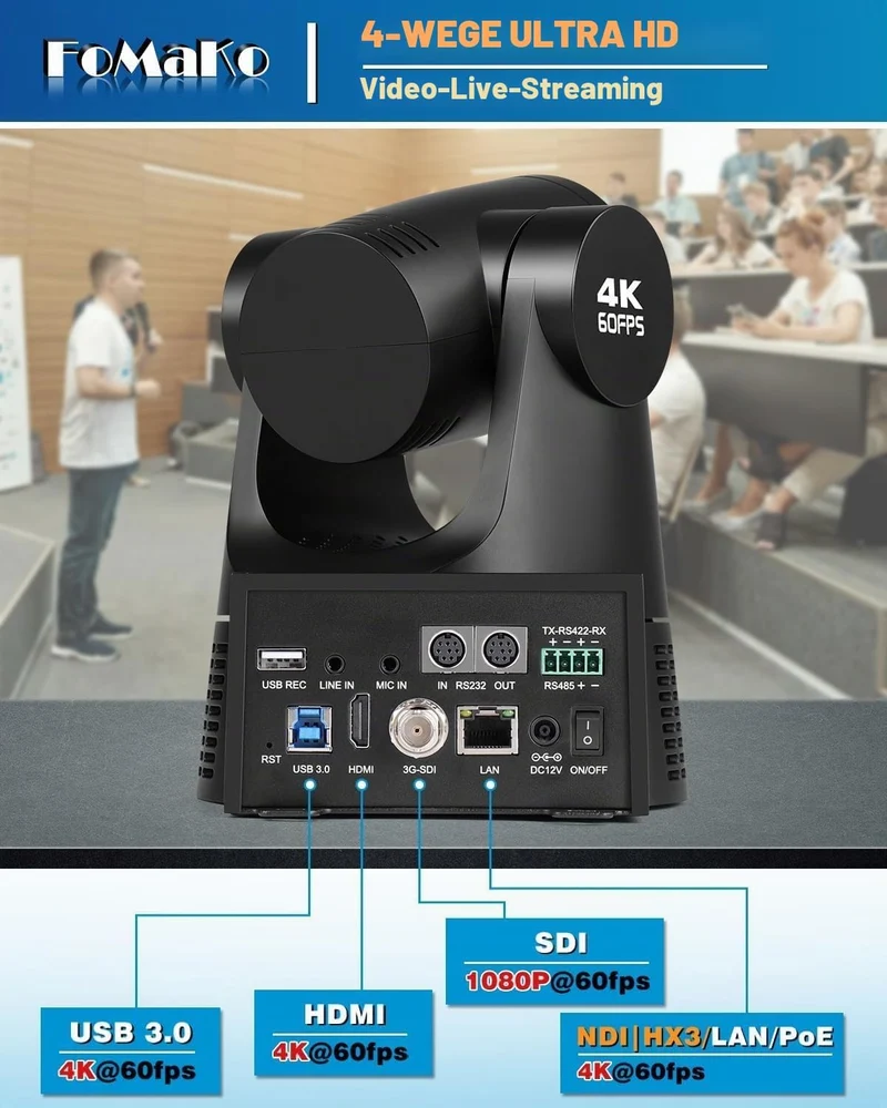 FoMaKo PTZ Kamera 4K 60FPS NDI HX3, 20x Optischer Zoom, Gen 3 KI Auto-Tracking, 3G-SDI/HDMI/NDI/USB/