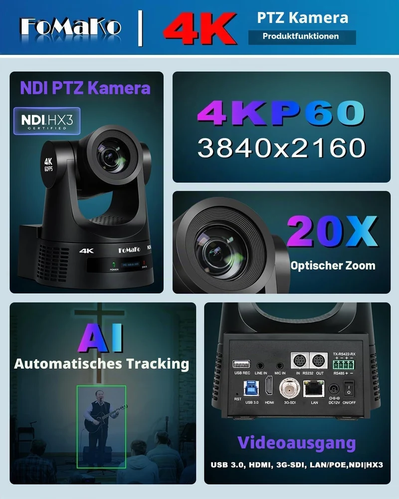 FoMaKo PTZ Kamera 4K 60FPS NDI HX3, 20x Optischer Zoom, Gen 3 KI Auto-Tracking, 3G-SDI/HDMI/NDI/USB/