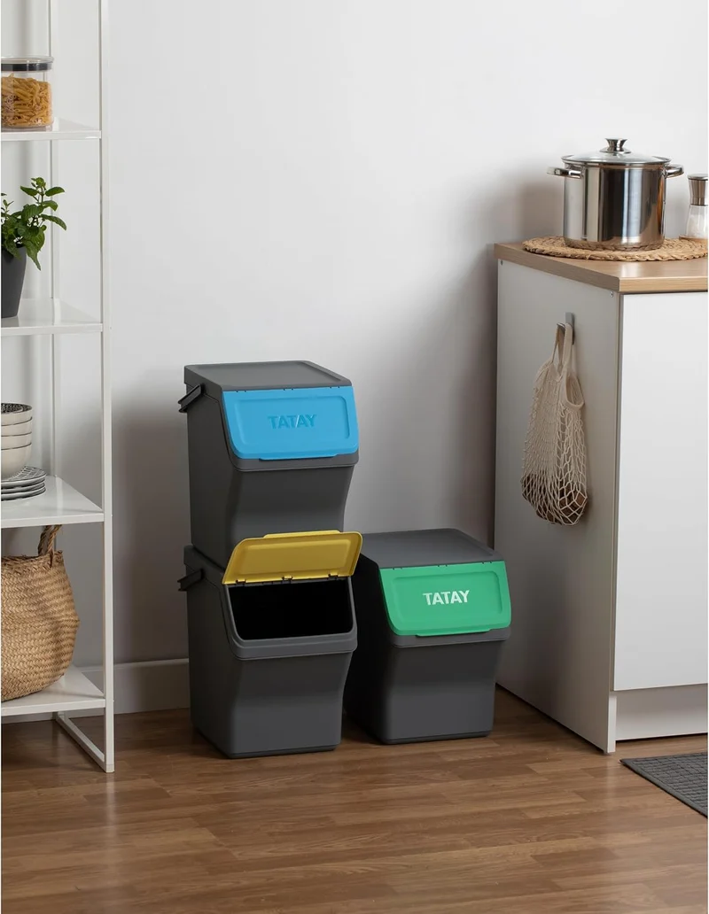 TATAY Mülltrennsystem Easy Waste 20L | 3er Set Recycling Behälter | Modular und Stapelbar | Deckel m