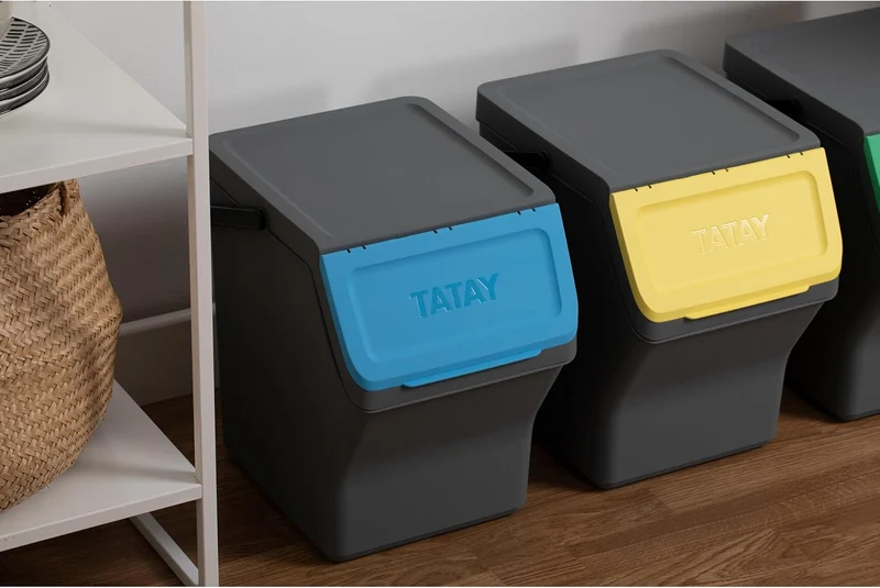 TATAY Mülltrennsystem Easy Waste 20L | 3er Set Recycling Behälter | Modular und Stapelbar | Deckel m
