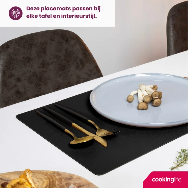 Cookinglife 6 Platzsets + 6 Untersetzer - Veganes Leder - Schwarz - 12 Stück