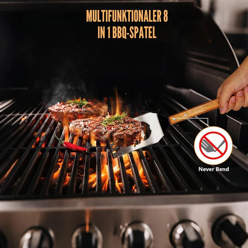 Grillbesteck Set 3-teilig Extra Lang – Edelstahl Grillbesteck mit Holzgriff & Tasche, Grillzubehör m