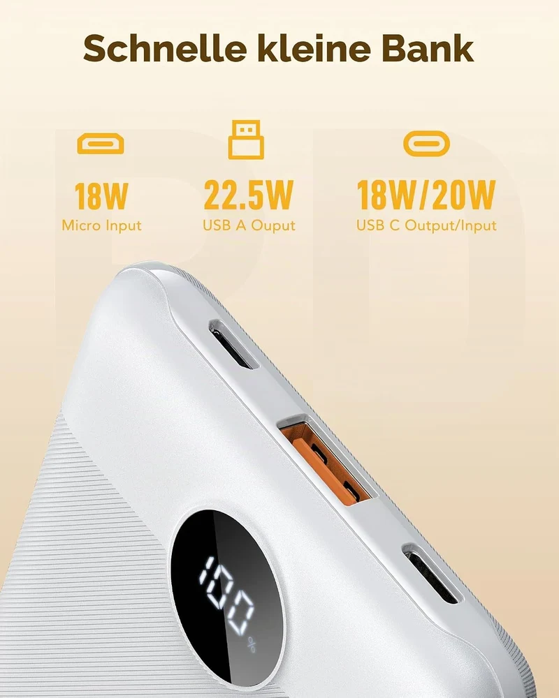 VEGER Power Bank Mini 22.5W, 10000mAh Powerbank Klein Aber Stark, Ultra Slim Leicht Externe Handyakk