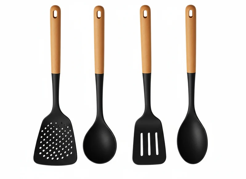 Cookinglife Kochgeschirr Set - Kochgeschirr Set - Holz schwarz 4-teilig - Schaumkelle, Suppenlöffel, Pfannenwender & Servierlöffel