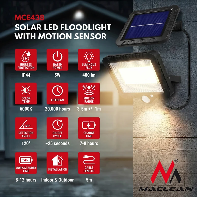 Maclean Energy MCE438 Solar LED Floodlight with motion sensor, IP44, 5W, 400lm, 6000K cold white, lithium battery 1300 mAh, 3.7V DC