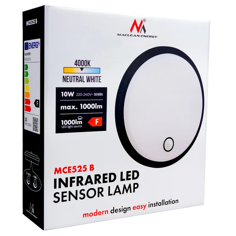 Maclean LED lamp with motion sensor, PIR sensor, black, 10W, IP65, 1000lm, neutral color, MCE525 B