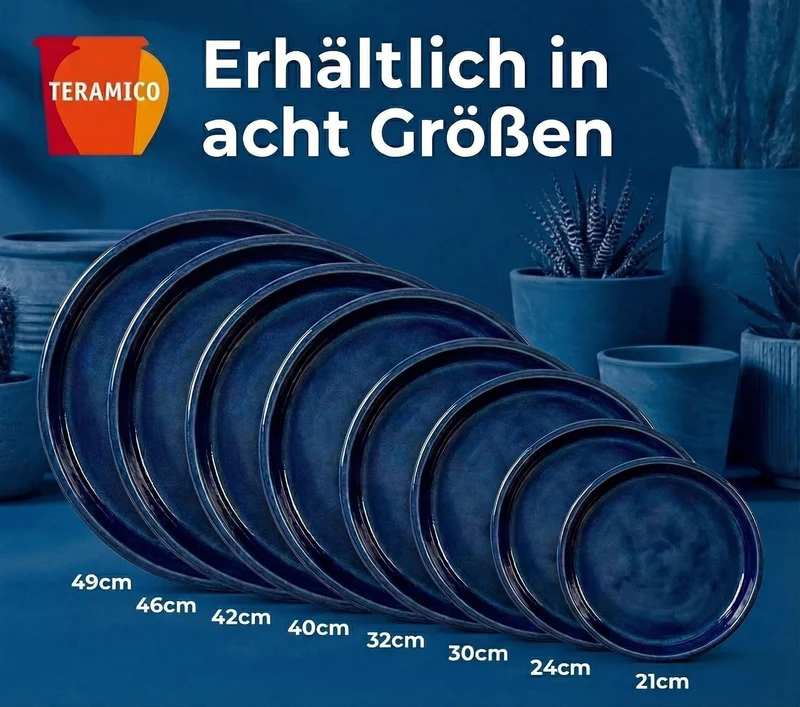 Teramico Vogeltränke/Teller/Untersetzer für Pflanzgefässe Blumentöpfe Blau Weiss Anthrazit glasiert