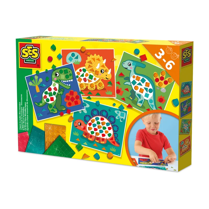 SES Creative 14830 Dinosaurier Mosaik Lernset für Kinder - Mit 4 grossen Metallic-Mosaikkarten ab 3