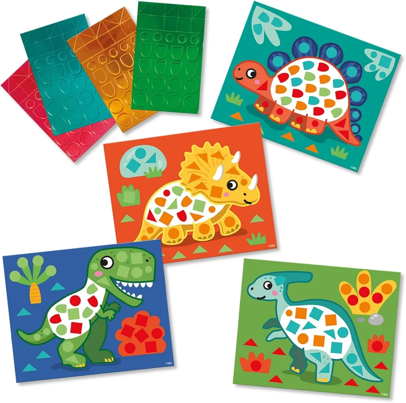 SES Creative 14830 Dinosaurier Mosaik Lernset für Kinder - Mit 4 grossen Metallic-Mosaikkarten ab 3