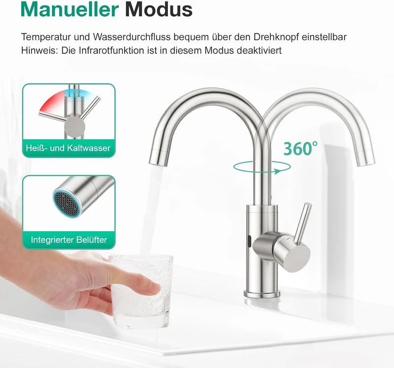CREA Infrarot Wasserhahn 360° drehbar mit Automatischer Sensor Berührungslose, Einhebelmischer Armat