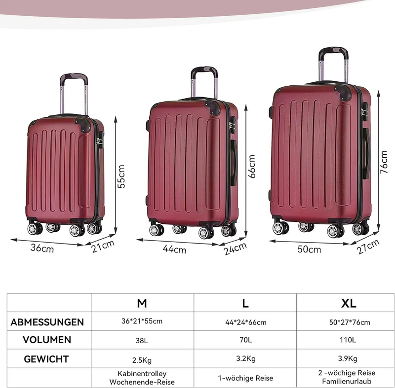 BEIBYE- Hartschalenkoffer Koffer Trolley Rollkoffer Reisekoffer Zahlenschloss 4 Zwilings-Rollen (Bur