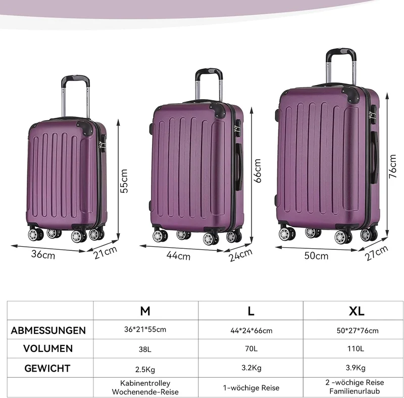 BEIBYE- Hartschalenkoffer Koffer Trolley Rollkoffer Reisekoffer Zahlenschloss 4 Zwilings-Rollen (Vio
