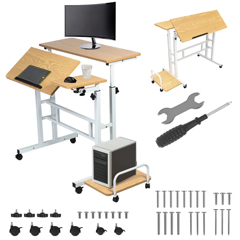 Maclean mobile laptop table desk, white, top 80x60cm, 50kg max, height adjustment 67-115cm , MC-124 W