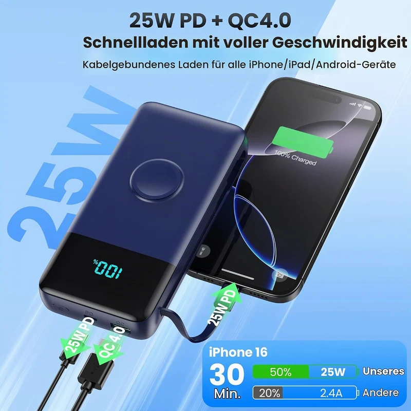 Power Bank 26800mAh mit i-Watch Ladegerät, 25W PD+QC4.0 Powerbank mit 2 Kabel Schnelles Aufladen USB