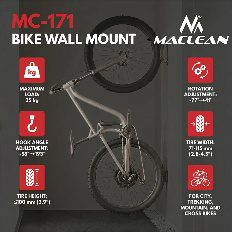Maclean Wall-Mounted Bike Rack/Hanger, max. load 35 kg, adjustable tilt angle, steel, MC-171, 4 pieces
