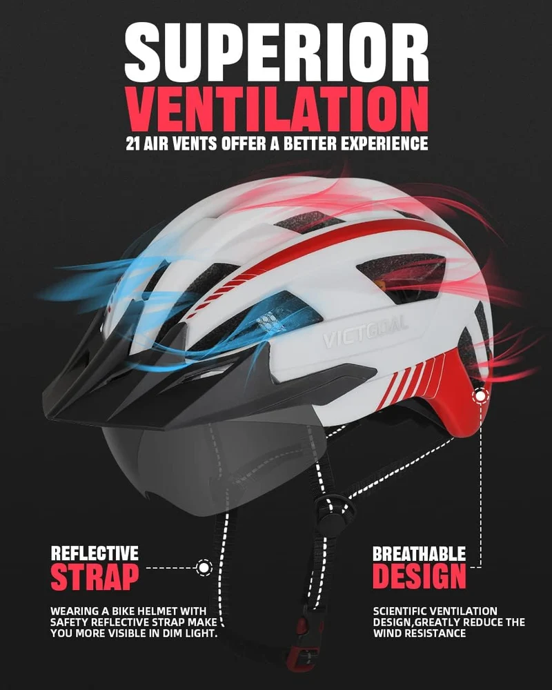 VICTGOAL Fahrradhelm Herren Damen MTB Helm mit Abnehmbarer Magnetische Schutzbrille Visier Atmungsak