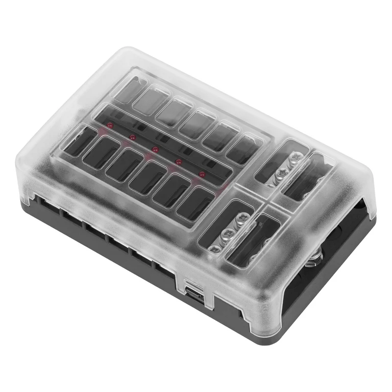 FB-12 fuse box with 12 x 19mm sockets, 30A per circuit, 100A total load, LED indicator, negative rail, 32V, compact size, easy installation