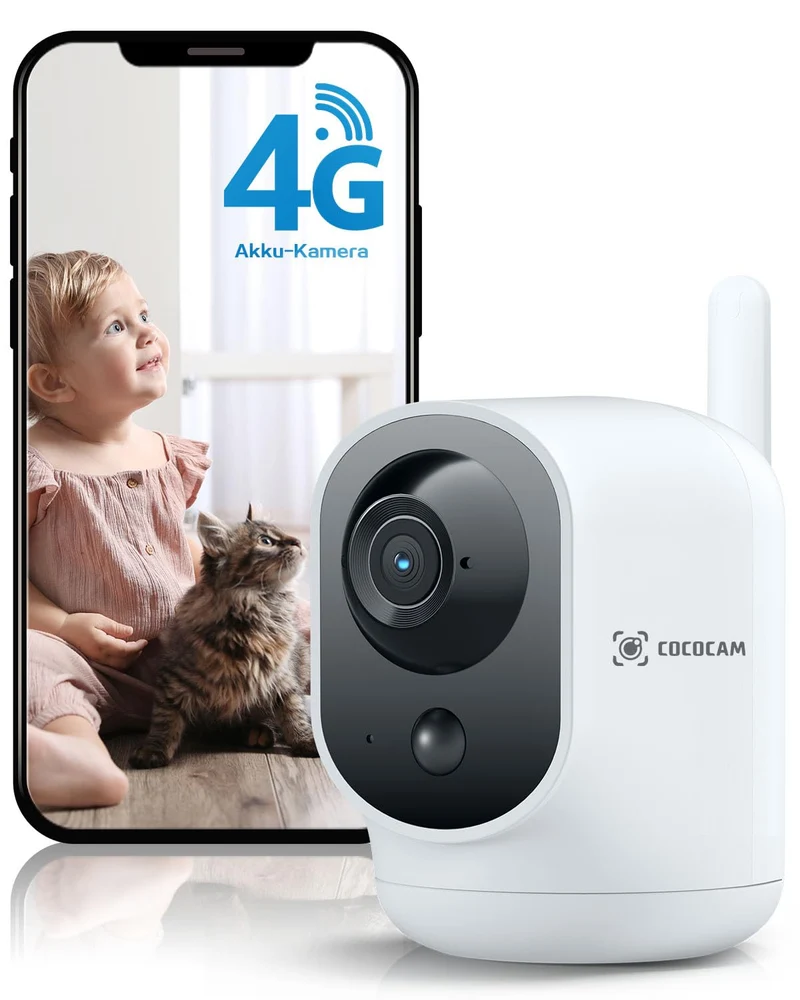 COCOCAM 4G Überwachungskamera Innen mit SIM Karte, 6000mAh Akku, 355°P 90°T, 2K kabellose Kamera für