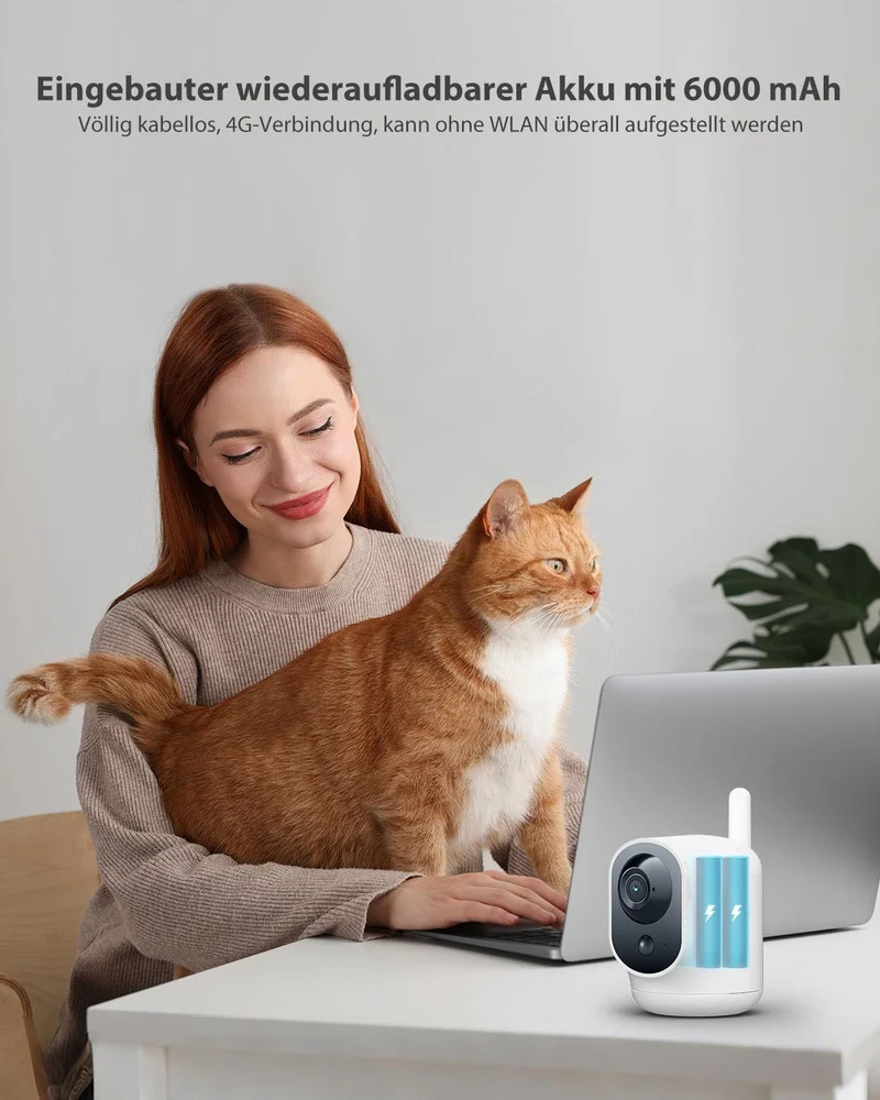 COCOCAM 4G Überwachungskamera Innen mit SIM Karte, 6000mAh Akku, 355°P 90°T, 2K kabellose Kamera für