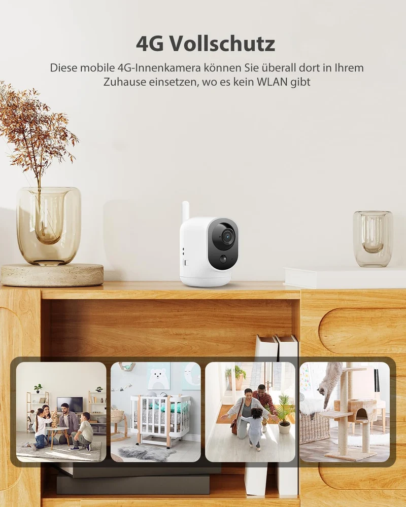 COCOCAM 4G Überwachungskamera Innen mit SIM Karte, 6000mAh Akku, 355°P 90°T, 2K kabellose Kamera für