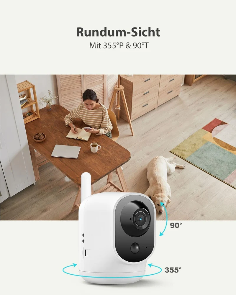 COCOCAM 4G Überwachungskamera Innen mit SIM Karte, 6000mAh Akku, 355°P 90°T, 2K kabellose Kamera für