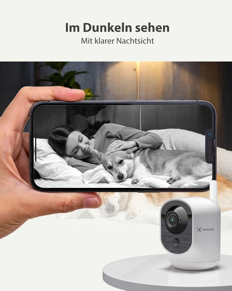 COCOCAM 4G Überwachungskamera Innen mit SIM Karte, 6000mAh Akku, 355°P 90°T, 2K kabellose Kamera für