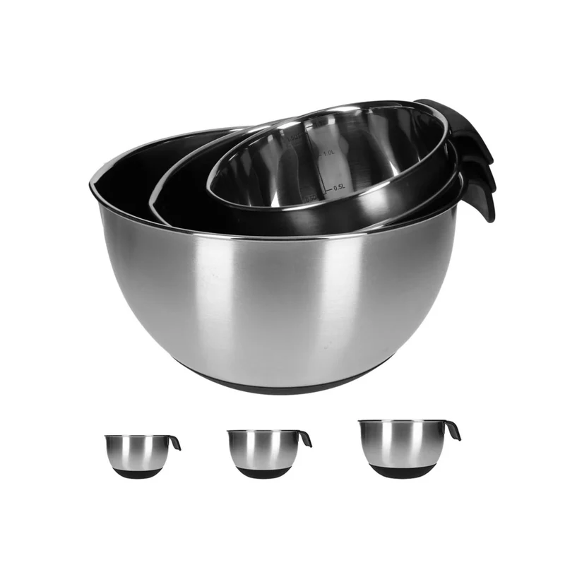 TP Edelstahl Schüssel-Set mit Griff, inkl. Deckel, Skala, 4 Einsätzen zum Gemüsereiben, Modell Lisa