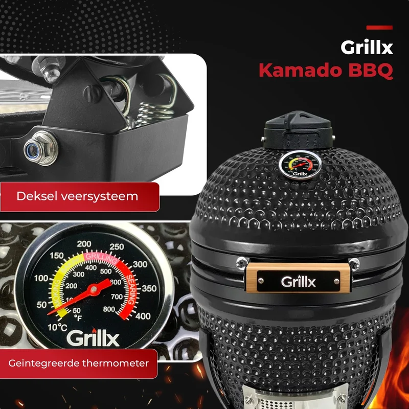 GrillX Kamado 13 Zoll - inklusive Abdeckhaube - Barbecue Egg - Holzkohlegrill - Schwarz - Ø 27 cm