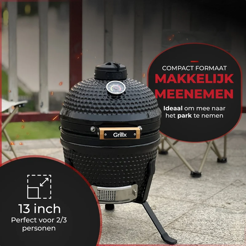 GrillX Kamado 13 Zoll - inklusive Abdeckhaube - Barbecue Egg - Holzkohlegrill - Schwarz - Ø 27 cm