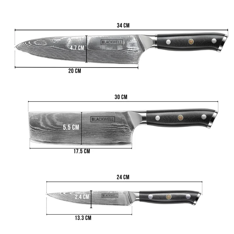 Blackwell Messerset (Kochmesser + Gemüsemesser + Schälmesser) – Japanischer Stil – 67 Lagen Damaszenerstahl – VG10 – 3-teilig