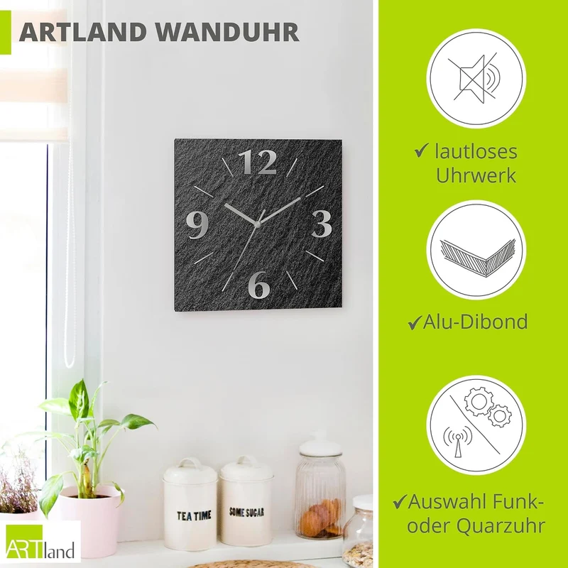 ARTLAND Wanddeko Wanduhr ohne Tickgeräusche Alu Funkuhr 30x30 cm Quadratisch Lautlos analoge Funkuhr