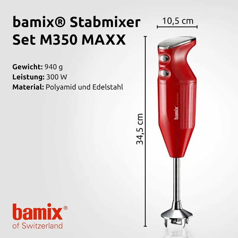 bamix Stabmixer Set M350 MAXX inkl. Multifunktions-, Fleisch-, Gemüsemesser, Quirl, Schlagscheibe au