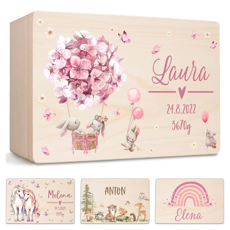 Little Deco Personalisierte Erinnerungskiste Baby Holzkiste | L - 40 x 30 x 22 cm | Hasen Geschenk G