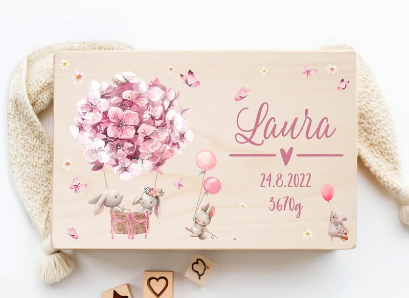 Little Deco Personalisierte Erinnerungskiste Baby Holzkiste | L - 40 x 30 x 22 cm | Hasen Geschenk G