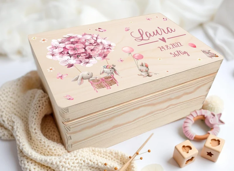 Little Deco Personalisierte Erinnerungskiste Baby Holzkiste | L - 40 x 30 x 22 cm | Hasen Geschenk G