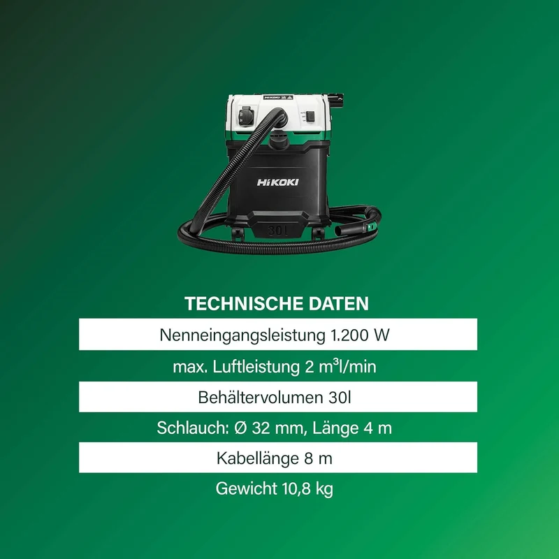 HiKOKI Nass- und Trockensauger - 1200 W, 30 L, M-Klasse, Kompakt und Leicht, Manuelle Filterreinigun