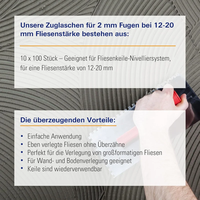 Karl Dahm Zuglaschen für 2 mm Fugen bei einer Fliesenstärke von 12-20mm, 10x 100 Stück – Geeignet fü