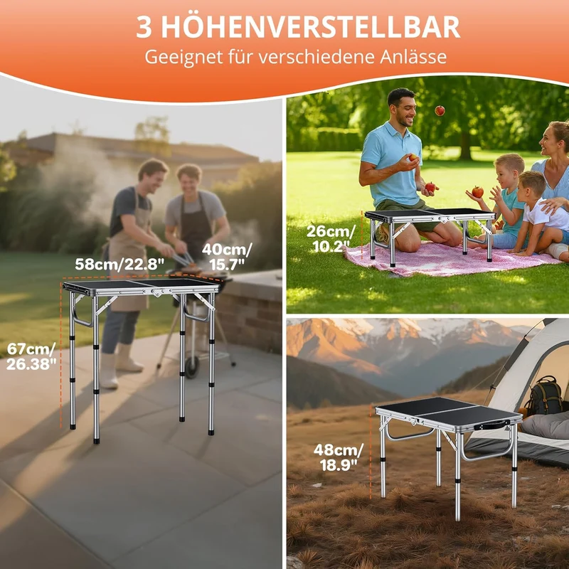 FUNYKICH Campingtisch Klapptisch 58x40cm, Faltbarer Grilltisch mit 3 Höhen Verstellbarer(26/48/67cm)