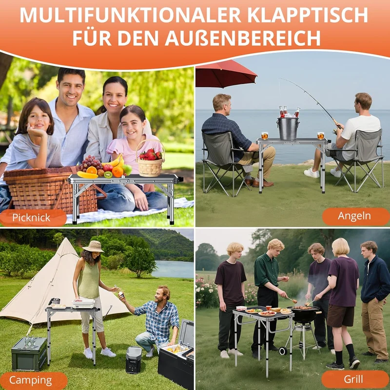 FUNYKICH Campingtisch Klapptisch 58x40cm, Faltbarer Grilltisch mit 3 Höhen Verstellbarer(26/48/67cm)