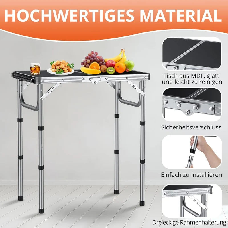 FUNYKICH Campingtisch Klapptisch 58x40cm, Faltbarer Grilltisch mit 3 Höhen Verstellbarer(26/48/67cm)