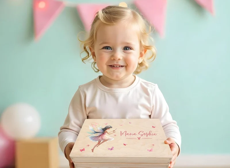 Little Deco Personalisierte Baby Erinnerungsbox mit Fee | M - 30 x 20 x 13 cm | Erinnerungskiste aus
